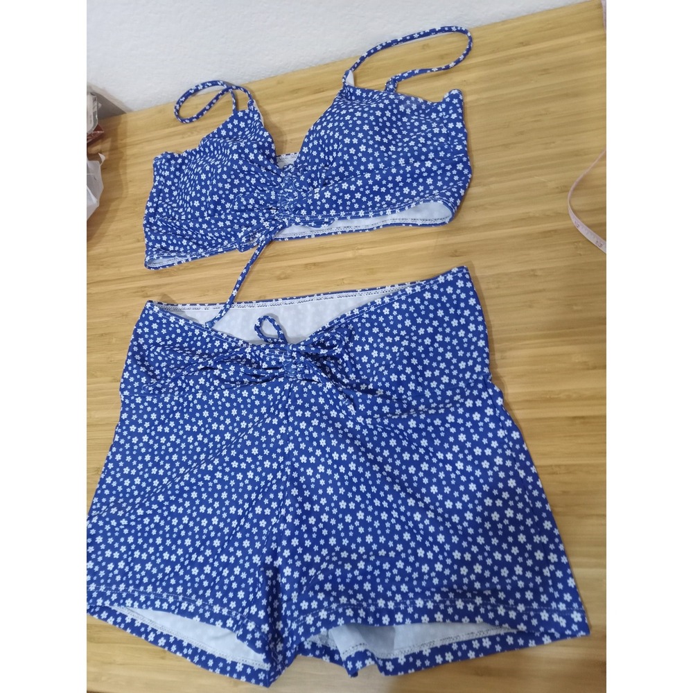 Blue Ditsy Floral Ruched Bikini Set Two Piece Swimsuit Medium Removeable cups